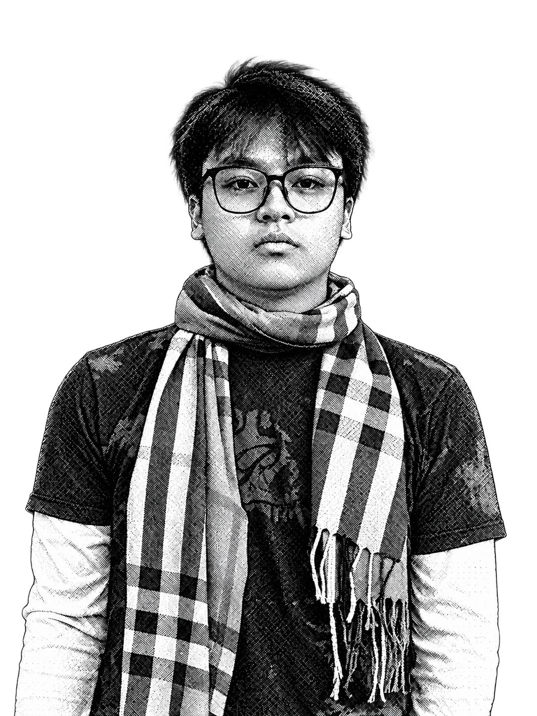 Black-and-white halftone portrait of Kim Maturan wearing glasses and a scarf