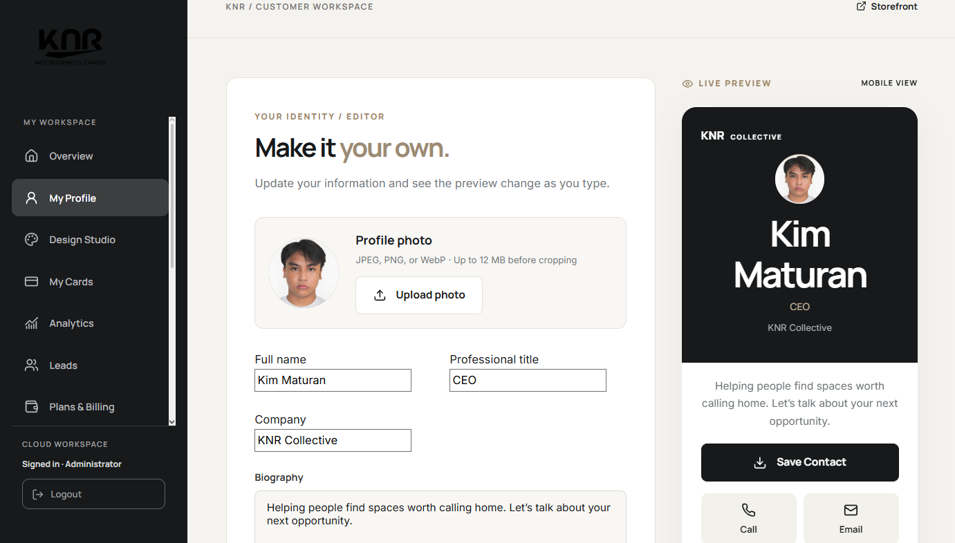 KNR profile editor with photo upload and profile fields beside a live mobile profile preview.