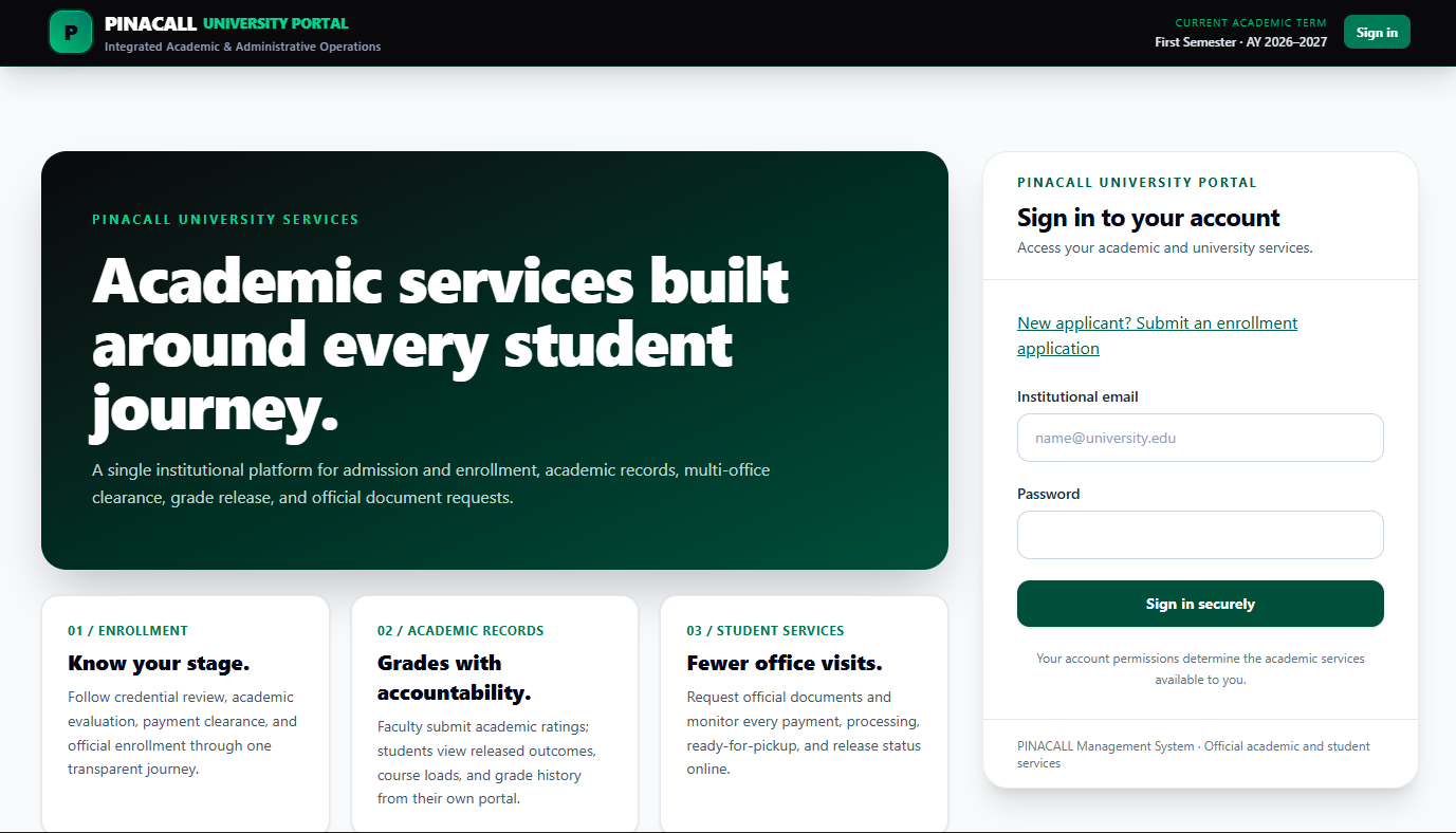 PinaCall university portal with an email and password sign-in form beside academic service information.